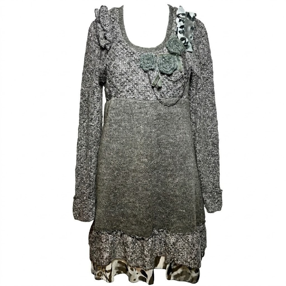 Forla Paris Actual SMALL Gray Mixed Media Sweater‎ Dress Lagenlook Floral Chains